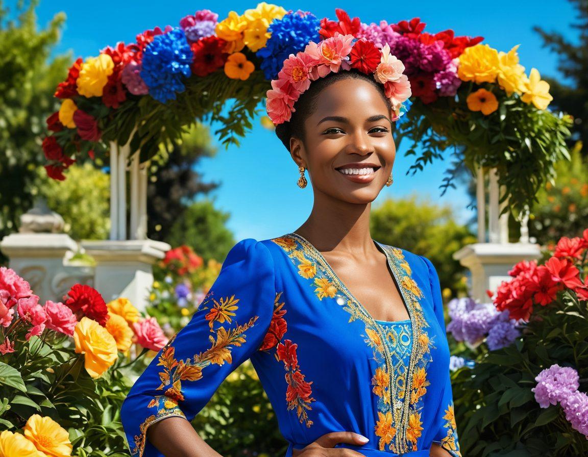 A confident, powerful woman adorned in regal attire, standing tall with a radiant smile in a lush garden filled with vibrant flowers. She is surrounded by a diverse group of women celebrating their strengths, each showcasing their unique style and character, embodying empowerment and support. The background features a bright blue sky, symbolizing freedom and joy. super-realistic. vibrant colors. 3D.