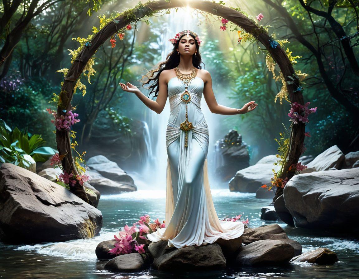 A mystical goddess figure radiating strength and grace, surrounded by ethereal light and natural elements like flowers and flowing water. She stands confidently on a rock, adorned with vibrant, intricate jewelry, embodying femininity and power. Various symbols of goddess worship, such as crescent moons and stars, subtly weave through the scene, creating an enchanting atmosphere. Soft pastel colors blend harmoniously, emphasizing beauty and tranquility. surrealism. vibrant colors. ethereal background.