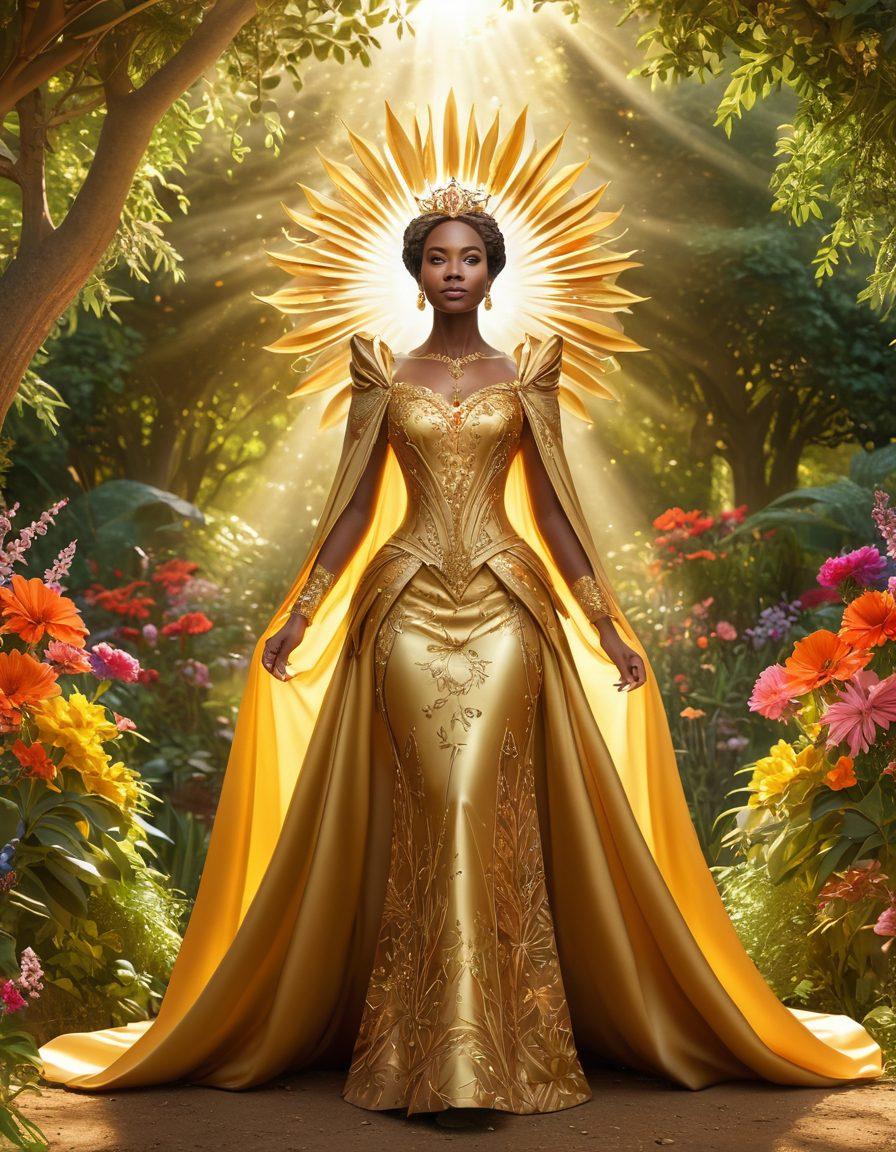 A majestic queen standing tall in a vibrant garden, adorned in an elaborate gown that symbolizes empowerment and leadership, surrounded by diverse women who are joyfully celebrating their strength. Golden rays of sunlight gently illuminate the scene, casting warmth and positivity. The background features elements of nature, symbolizing growth and resilience. super-realistic. vibrant colors. 3D.